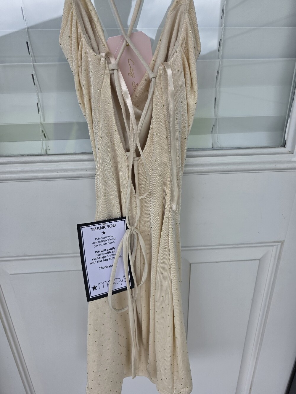 City Studio Beige Bodycon Dress M Cowl Neck Rhinestone Spaghetti Strap Backless - Picture 9 of 11